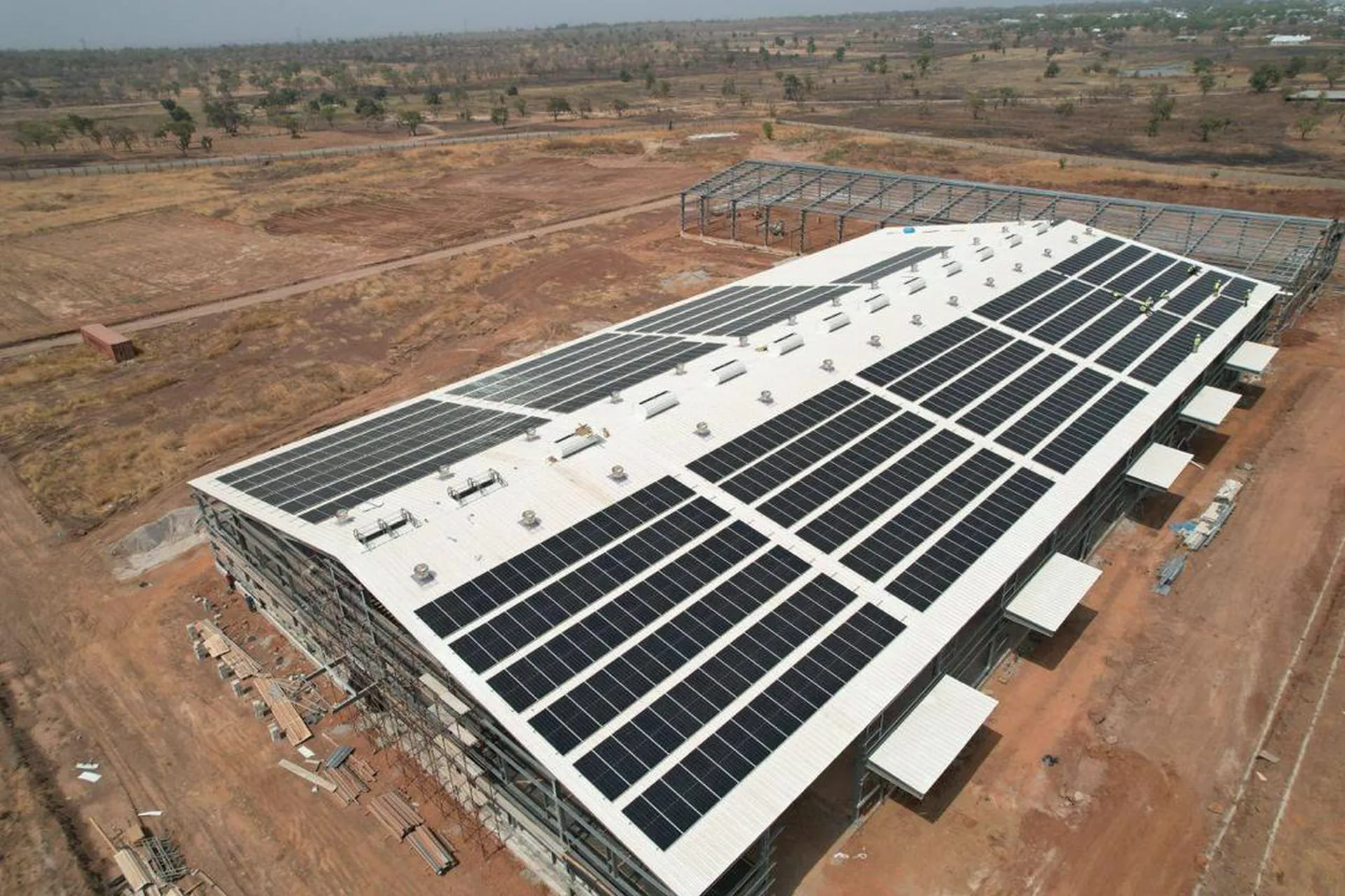 Large commercial solar installation viewed from above